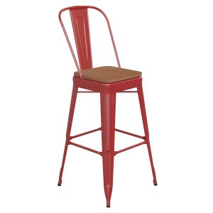 HUSKY Seating 500 LB Commercial Grade 30" High Red Metal Indoor-Outdoor Bar Height Stool with Removable Back and Teak All-Weather Poly Resin Seat