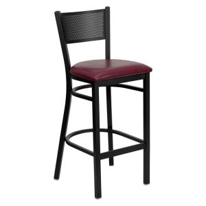 HUSKY Seating 500 LB Black Metal Restaurant Bar Height Stool with Grid Back Design-Burgundy