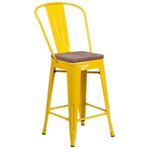 Husky Seating 500 LB 24" High Yellow Metal Counter Height Stool with Back and Wood Seat