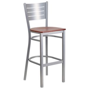 HUSKY Seating 500 LB Silver Slat Back Metal Restaurant Bar Height Stool with Wood Seat-Cherry