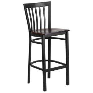 HUSKY Seating Heavy Duty 500 LB Metal Bar Stool with School House Back & Wood Seat-Walnut Wood