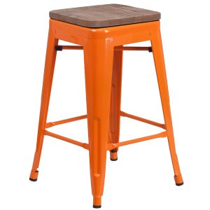 Husky Seating 500 LB 24" High Backless Orange Metal Counter Height Stool with Square Wood Seat