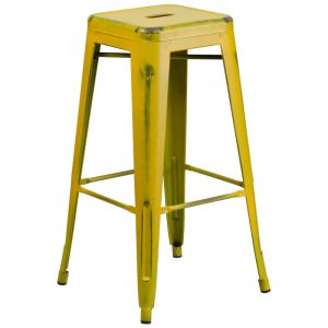 HUSKY Seating 500 LB Distressed 30" Indoor-Outdoor Stacking Metal Bar Stool with Square Seat-Yellow