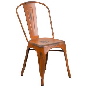 HUSKY Seating 500 LB Distressed Bistro Style Metal Indoor-Outdoor Stackable Chair-Orange