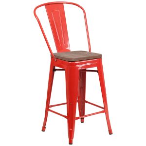 Husky Seating 500 LB 24" High Red Metal Counter Height Stool with Back and Wood Seat