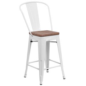 Husky Seating 500 LB 24" High White Metal Counter Height Stool with Back and Wood Seat