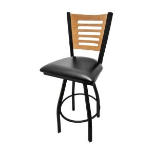 5 Line Wood Back Swivel 300 LB Counter Height Stool, Clear Coat Back, Black Vinyl Seat