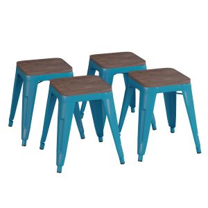4 PACK - HUSKY Seating 250 LB 18" Table Height Stackable Backless Metal Indoor Restaurant Stool with Wooden Seat -Teal