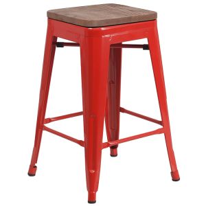 Husky Seating 500 LB 24" High Backless Red Metal Counter Height Stool with Square Wood Seat