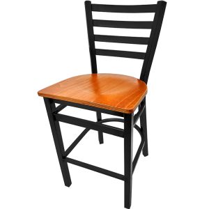 Heavy Duty 300 LB XL Ladderback Metal Frame Restaurant Bar Stool with Cherry Stain Wood Seat