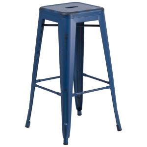 HUSKY Seating 500 LB Distressed 30" Indoor-Outdoor Stacking Metal Bar Stool with Square Seat-Dark Blue