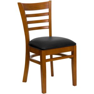 HUSKY Seating Ladder Back Wood 800 LB Restaurant Chair with Cherry Finish & Vinyl Seat-Black