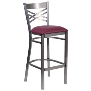 HUSKY Seating 500 LB X-Back Clear Coated Metal Restaurant Bar Height Stool with Burgundy Vinyl Seat