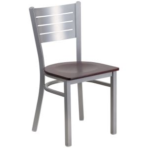HUSKY Seating 500 LB Silver Slat Back Metal Restaurant Chair with Wood Seat-Mahogany