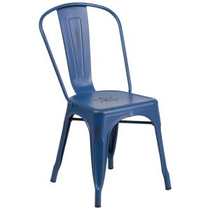 HUSKY Seating 500 LB Distressed Bistro Style Metal Indoor-Outdoor Stackable Chair-Dark Blue