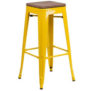 HUSKY Seating 500 LB 30" High Backless Yellow Metal Barstool with Square Wood Seat