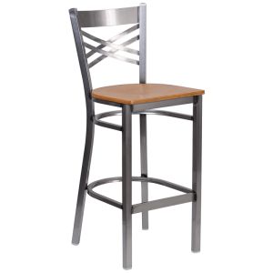 HUSKY Seating 500 LB X-Back Clear Coated Metal Restaurant Bar Height Stool with Natural Wood Seat