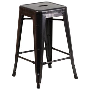 HUSKY Seating 500 LB Counter Height 24" Indoor-Outdoor Stacking Metal Bar Stool with Square Seat-Antique Black Gold