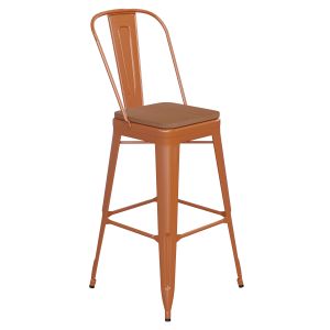 HUSKY Seating 500 LB Commercial Grade 30" High Orange Metal Indoor-Outdoor Bar Height Stool with Removable Back and Teak All-Weather Poly Resin Seat