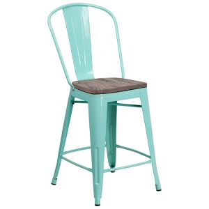 HUSKY Seating 500 LB 24" High Mint Green Metal Counter Height Stool with Back and Wood Seat