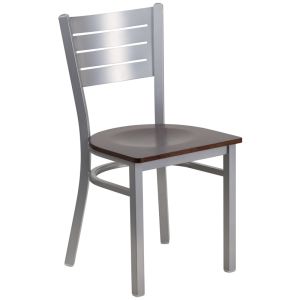 HUSKY Seating 500 LB Silver Slat Back Metal Restaurant Chair with Wood Seat-Walnut