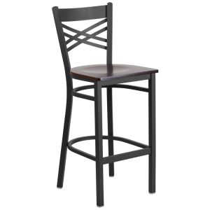 HUSKY Seating 500 LB X-Back Black Metal Restaurant Bar Height Stool with Walnut Wood Seat
