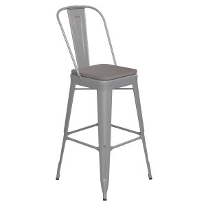 HUSKY Seating 500 LB Commercial Grade 30" High Silver Metal Indoor-Outdoor Bar Height Stool with Removable Back and Gray All-Weather Poly Resin Seat