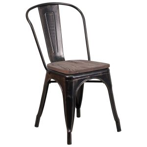 HUSKY Seating 500 LB Antique Black Gold Metal Stackable Chair with Wood Seat