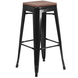 HUSKY Seating 500 LB 30" High Backless Black Metal Barstool with Square Wood Seat