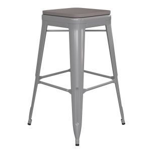 HUSKY Seating 500 LB Commercial Grade 30" High Backless Silver Metal Indoor-Outdoor Barstool with Gray Poly Resin Wood Seat