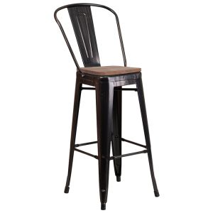 HUSKY Seating 500 LB 30" High Antique Black Gold Metal Barstool with Back and Wood Seat