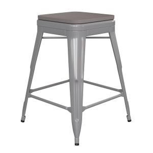 Husky Seating 500 LB Commercial Grade 24" High Backless Silver Metal Indoor-Outdoor Counter Height Stool with Gray Poly Resin Wood Seat