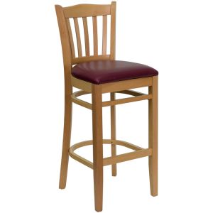 HUSKY Seating 800 LB Natural Finish Vertical Slat Back Wooden Restaurant Bar Stool with Vinyl Seat-Burgundy