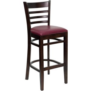 HUSKY Seating 800 LB Walnut Finish Wood Bar Stool with Ladder Back & Padded Vinyl Seat-Burgundy