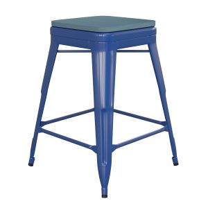 Husky Seating 500 LB Commercial Grade 24" High Backless Blue Metal Indoor-Outdoor Counter Height Stool with Teal-Blue Poly Resin Wood Seat