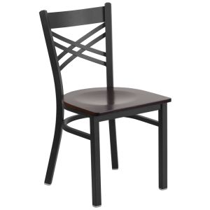HUSKY Seating 500 LB X-Back Black Metal Restaurant Chair with Walnut Wood Seat