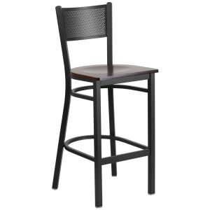 HUSKY Seating 500 LB Black Metal Restaurant Bar Height Stool with Grid Back Design & Wood Seat-Walnut