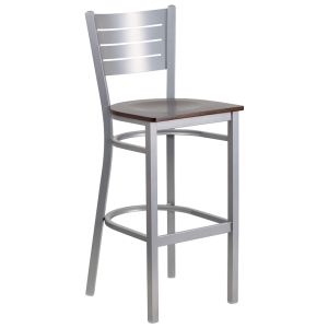 HUSKY Seating 500 LB Silver Slat Back Metal Restaurant Bar Height Stool with Wood Seat-Walnut
