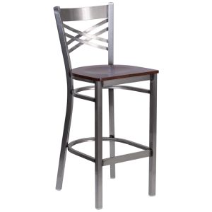 HUSKY Seating 500 LB X-Back Clear Coated Metal Restaurant Bar Height Stool with Walnut Wood Seat