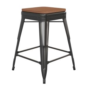 Husky Seating 500 LB Commercial Grade 24" High Backless Black Metal Indoor-Outdoor Counter Height Stool with Teak Poly Resin Wood Seat