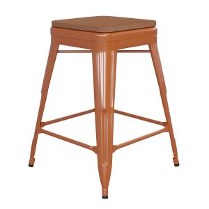 Husky Seating 500 LB Commercial Grade 24" High Backless Orange Metal Indoor-Outdoor Counter Height Stool with Teak Poly Resin Wood Seat