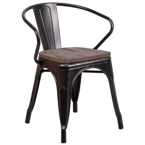 HUSKY Seating 500 LB Antique Black Gold Metal Chair with Wood Seat and Arms