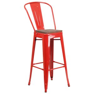 HUSKY Seating 500 LB 30" High Red Metal Barstool with Back and Wood Seat