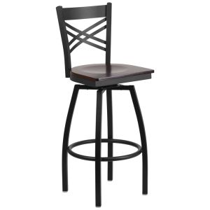 HUSKY Seating Heavy Duty 500 LB Black Metal Restaurant Bar Height Stool with X-Back & Swivel Wood Seat - Walnut