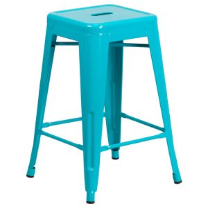 HUSKY Seating 500 LB Counter Height 24" Indoor-Outdoor Stacking Metal Bar Stool with Square Seat-Crystal Teal-Blue