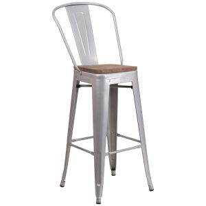 HUSKY Seating 500 LB 30" High Silver Metal Barstool with Back and Wood Seat