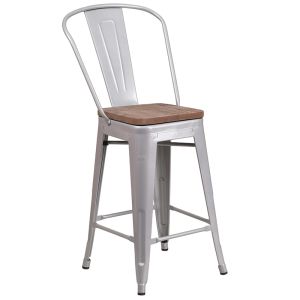 Husky Seating 500 LB 24" High Silver Metal Counter Height Stool with Back and Wood Seat