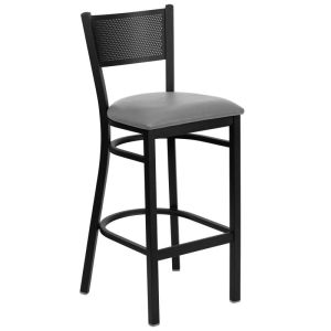 HUSKY Seating 500 LB Black Metal Restaurant Bar Height Stool with Grid Back Design-Custom Vinyl