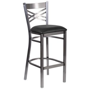 HUSKY Seating 500 LB X-Back Clear Coated Metal Restaurant Bar Height Stool with Black Vinyl Seat