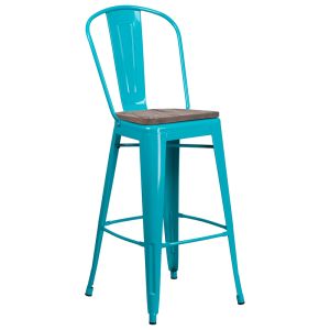 HUSKY Seating 30" High Crystal Teal-Blue Metal Barstool with Back and Wood Seat